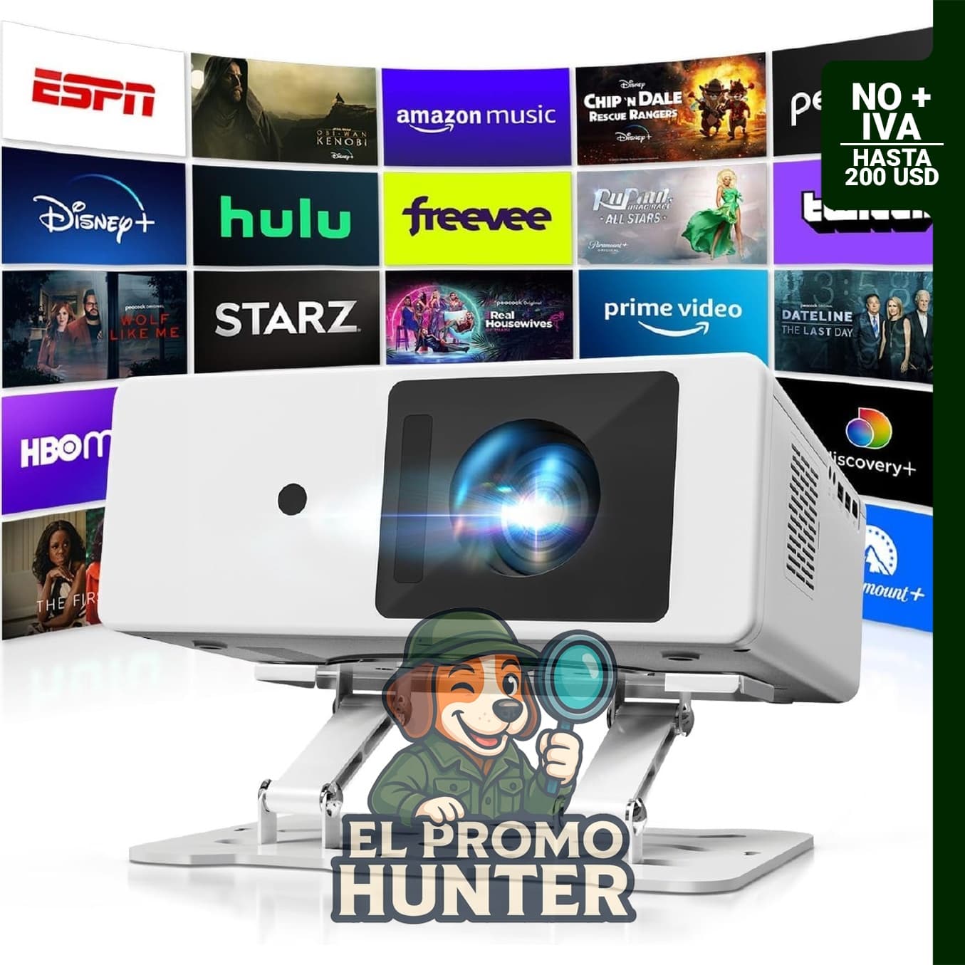 Proyector 4K inteligente con WiFi y Bluetooth, 1080P nativo, 1800 lúmenes ANSI, audio Dolby.