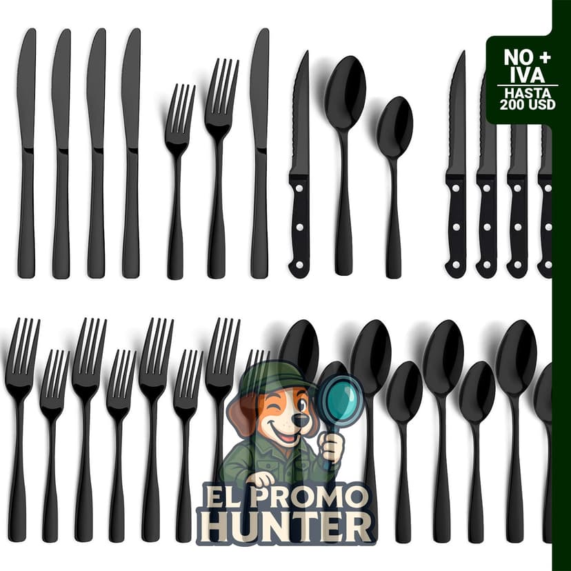 Juego de cubiertos negros de 24 piezas para 4 personas.