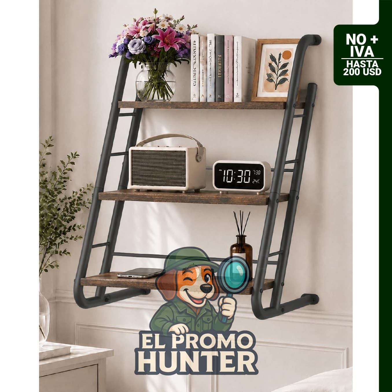 Estante flotante rústico de 3 niveles para pared, ideal para almacenamiento decorativo.