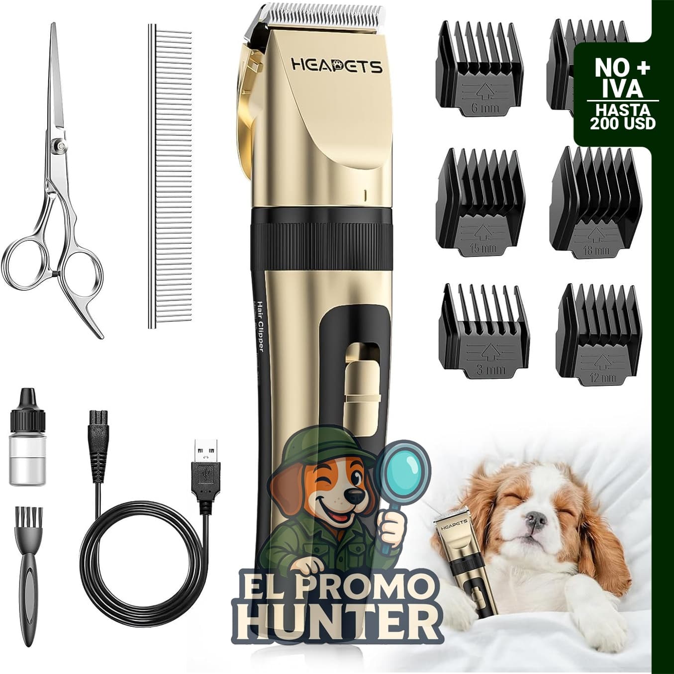 Cortapelos eléctrico HEAPETS para perros y gatos, de bajo ruido, con peine ajustable y cortaúñas recargable.