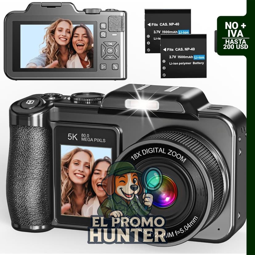 Cámara digital 5K 80MP con pantallas duales de 3.5" y 2", zoom digital de 18X, incluye tarjeta de 64GB y 2 baterías.