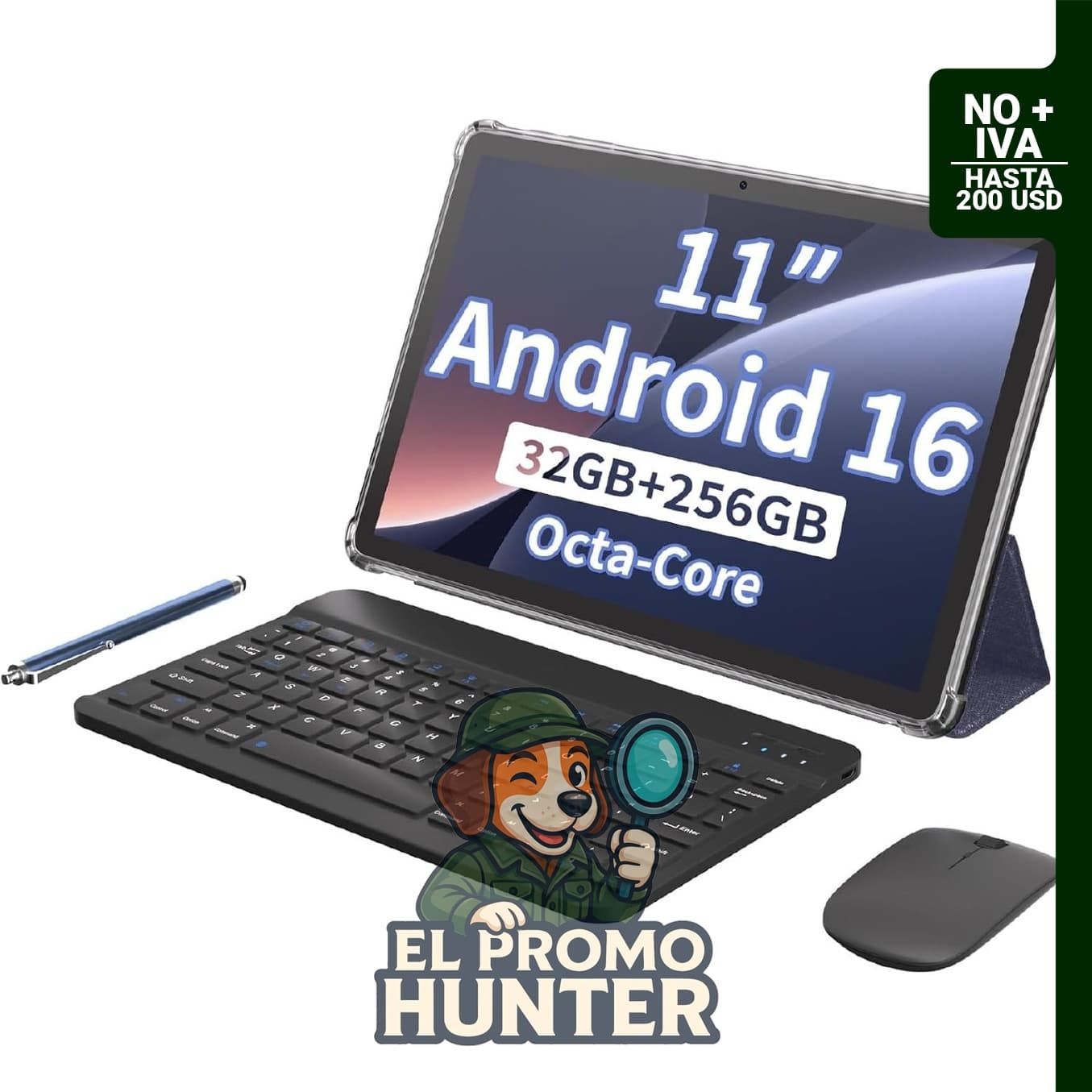 Tablet Android de 11" (28 cm) con funda azul y teclado, 32 GB RAM, 256 GB ROM, procesador Octa Core, batería de 8000 mAh.