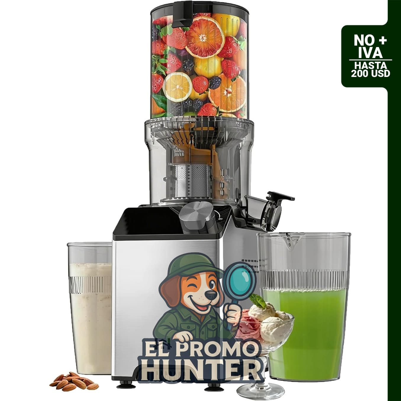 Extractor de jugos de prensado en frío, cuerpo de acero inoxidable, con conducto de alimentación ancho y nuevo auger espiral naranja.