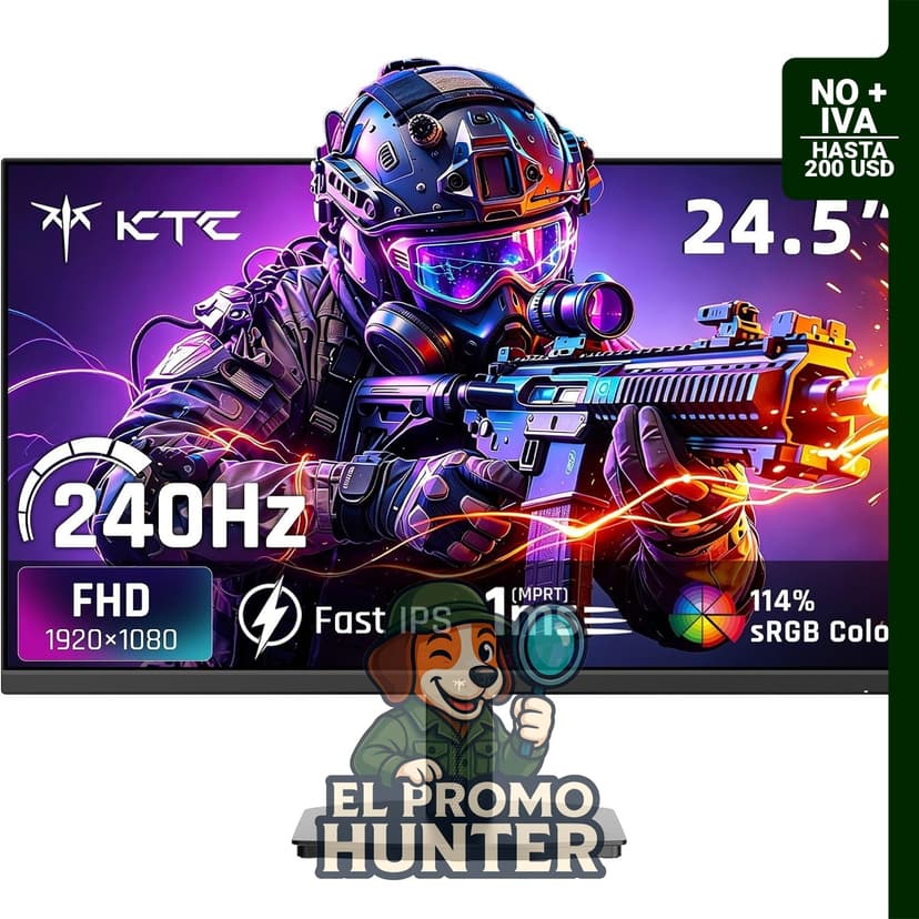 Monitor KTC de 24.5" (62.23 cm) con resolución FHD, 240Hz, tiempo de respuesta de 1 ms MPRT, soporte HDR y Adaptive Sync.
