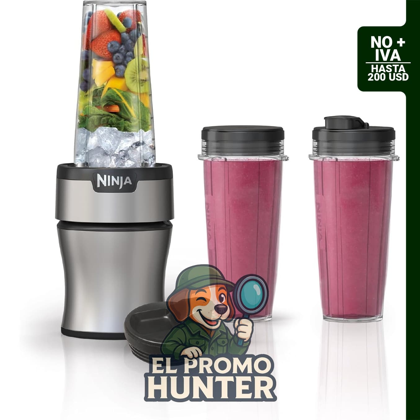 Licuadora personal Ninja BN301 con motor de 900 W, incluye 3 tazas de 20 oz y tapas.