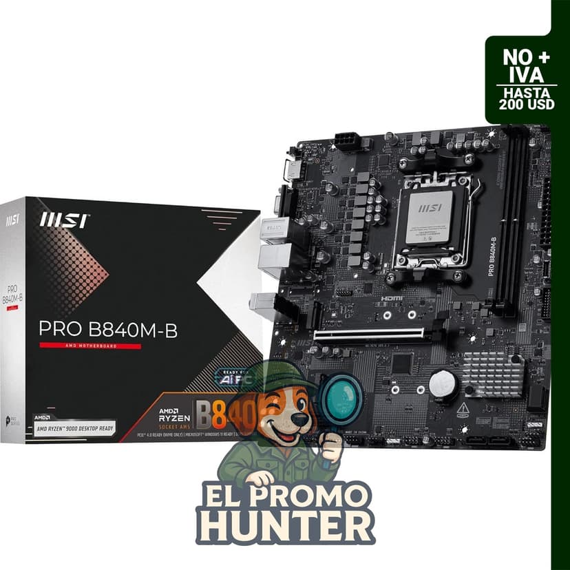 Placa base MSI PRO B840M-B mATX, compatible con procesadores AMD Ryzen 9000/8000/7000, AM5, DDR5 hasta 8000 MT/s OC.