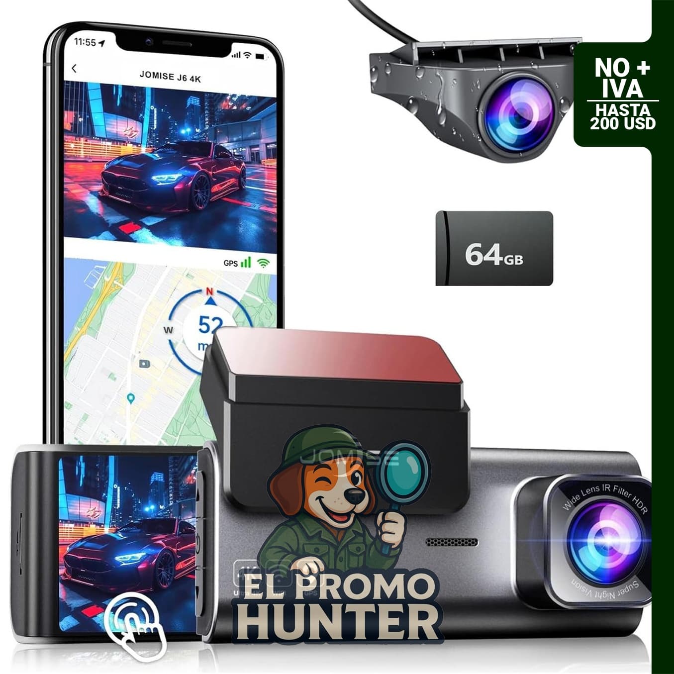 Cámara de tablero dual 4K frontal y trasera con GPS, Wi-Fi, visión nocturna UHD 2160P y pantalla táctil.