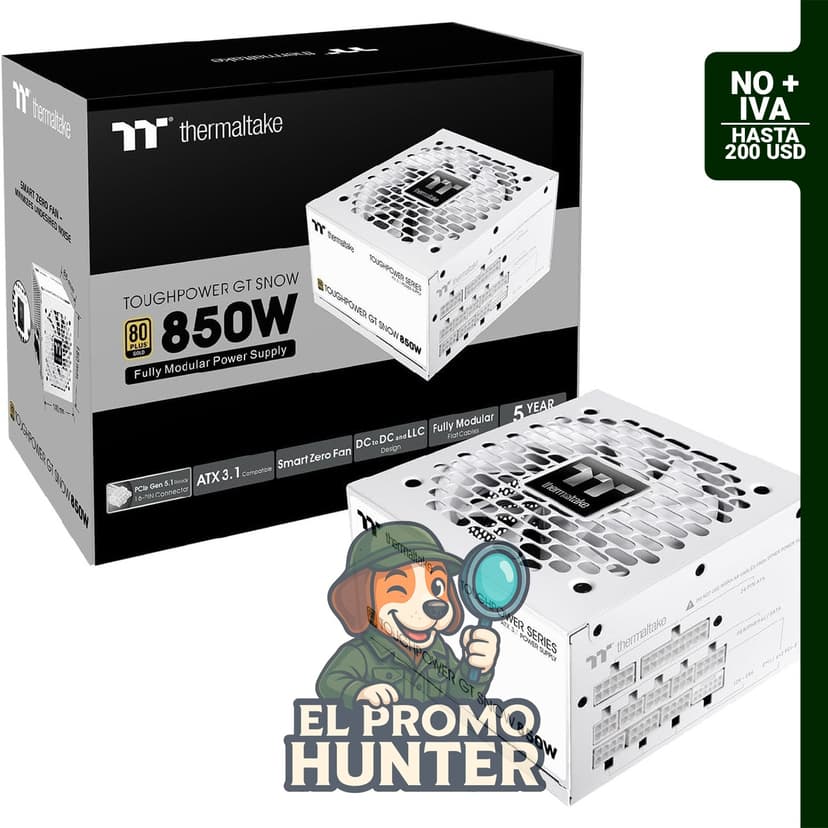 Fuente de alimentación Thermaltake Toughpower GT 850W Snow ATX 3.1, eficiencia 80 Plus Gold, ventilador inteligente Zero.