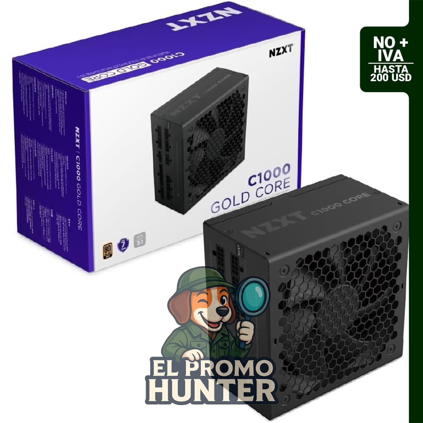 Fuente de alimentación ATX 3.1 de 1000 W, 80+ Gold, totalmente modular.