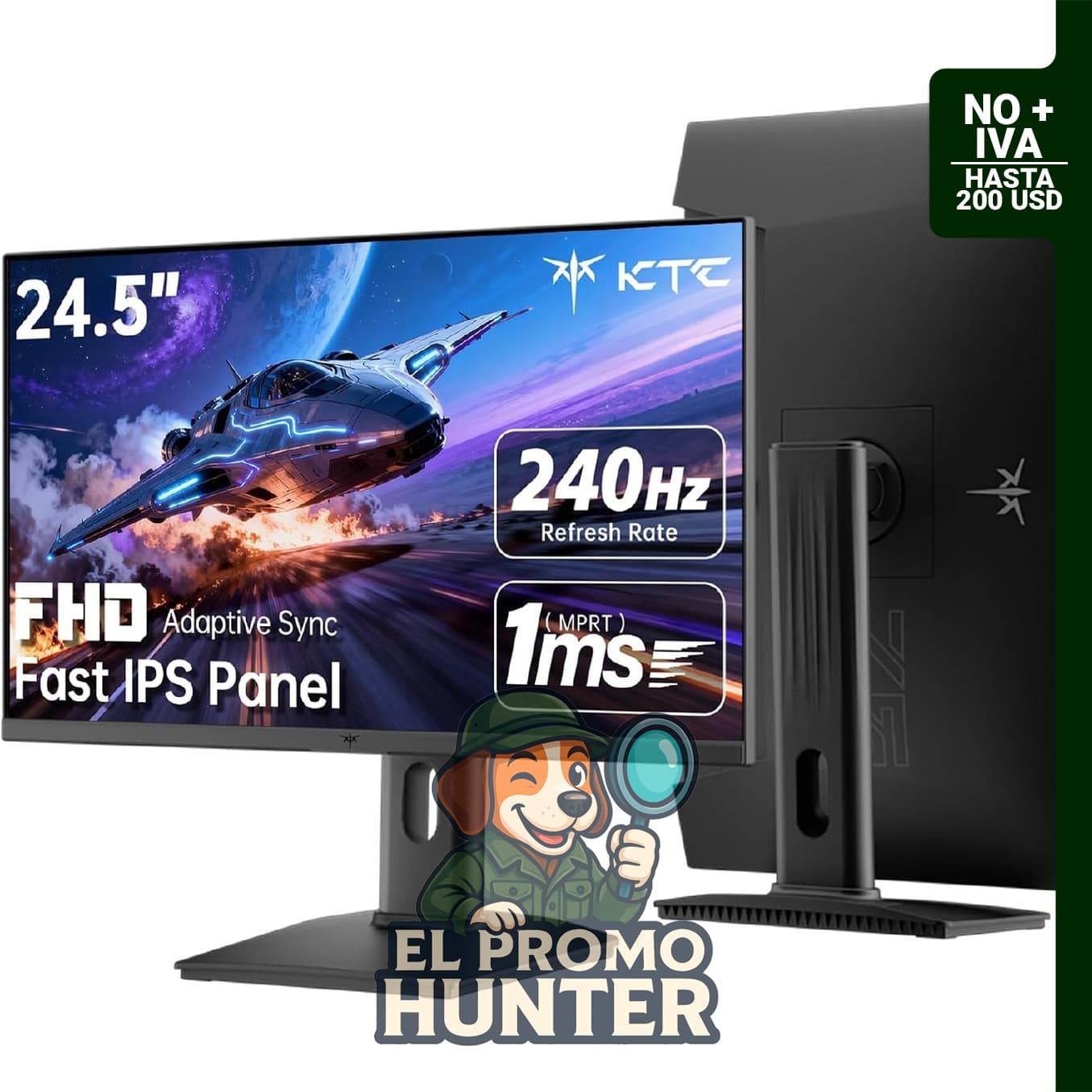 Monitor KTC de 24.5" (62.23 cm) FHD 1080p, 240Hz, 1 ms, con HDMI x2, DP x1, montaje VESA y ajuste de inclinación/pivote.