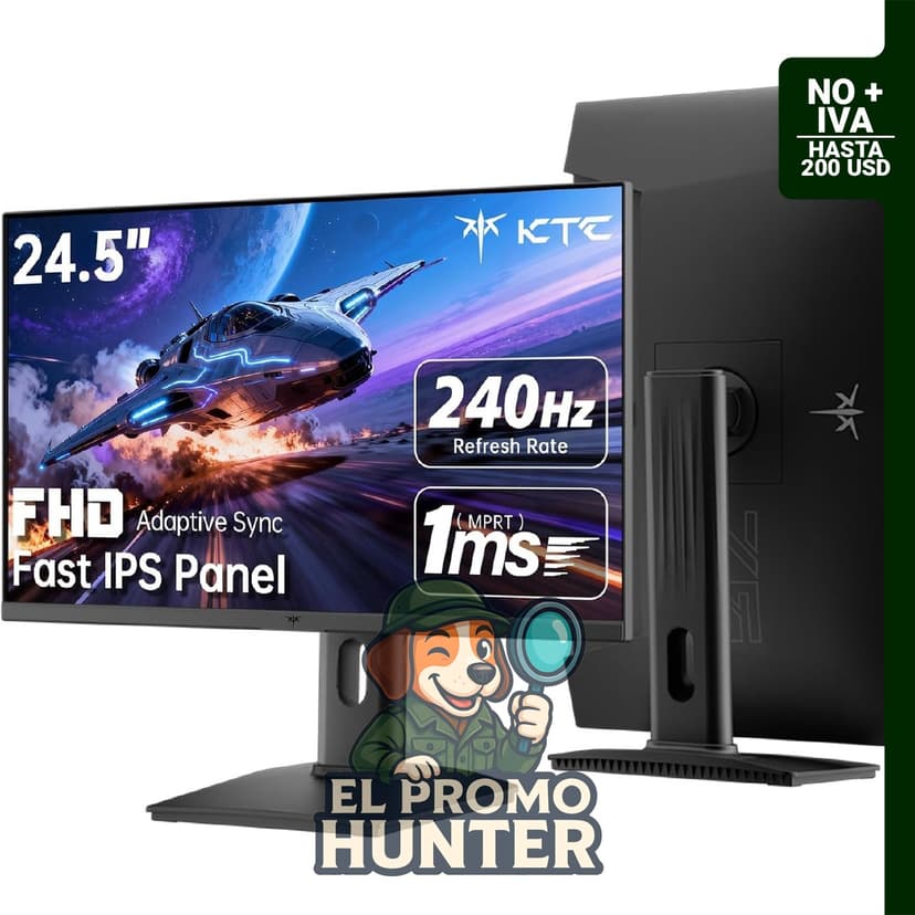 Monitor KTC de 24.5" (62.23 cm) FHD 1080p, 240Hz, 1 ms, con HDMI x2, DP x1, montaje VESA y ajuste de inclinación/pivote.