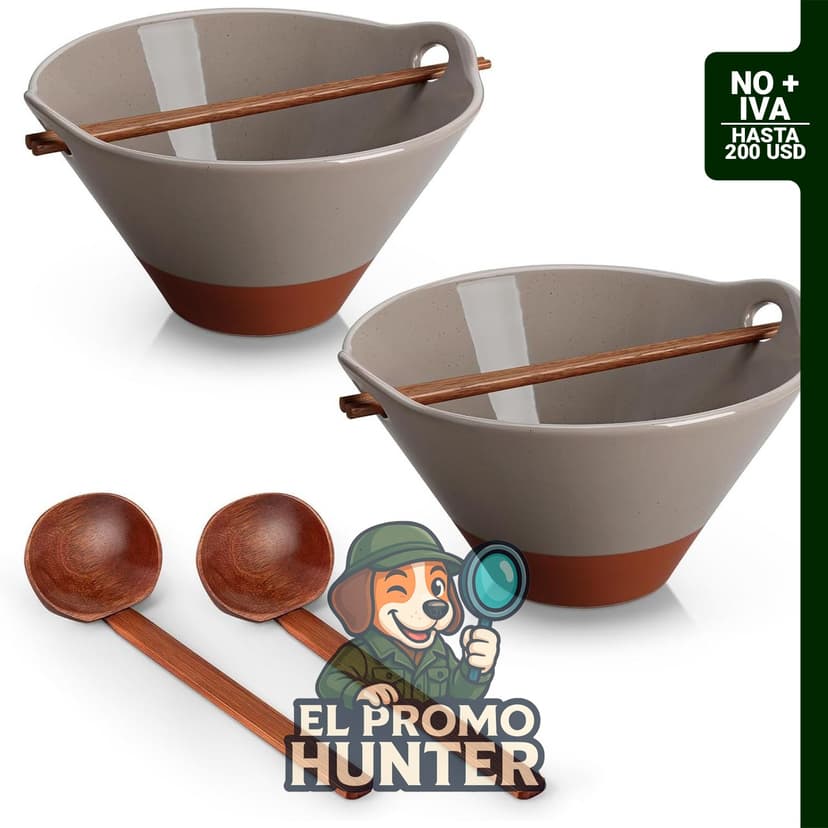 Juego de 2 tazones de cerámica para ramen de 1,24 L (42 oz) con cuchara de madera y palillos, apto para microondas y lavavajillas.