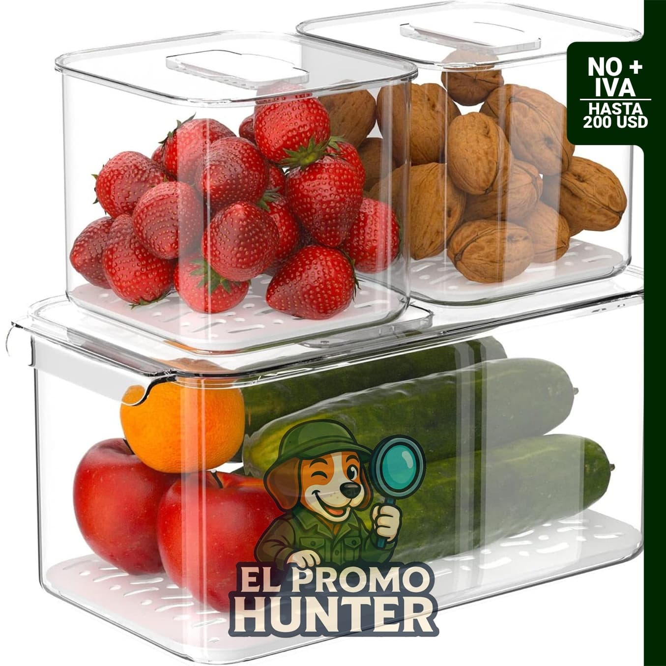 Paquete de 3 recipientes organizadores apilables para almacenamiento de alimentos con tapas ventiladas.