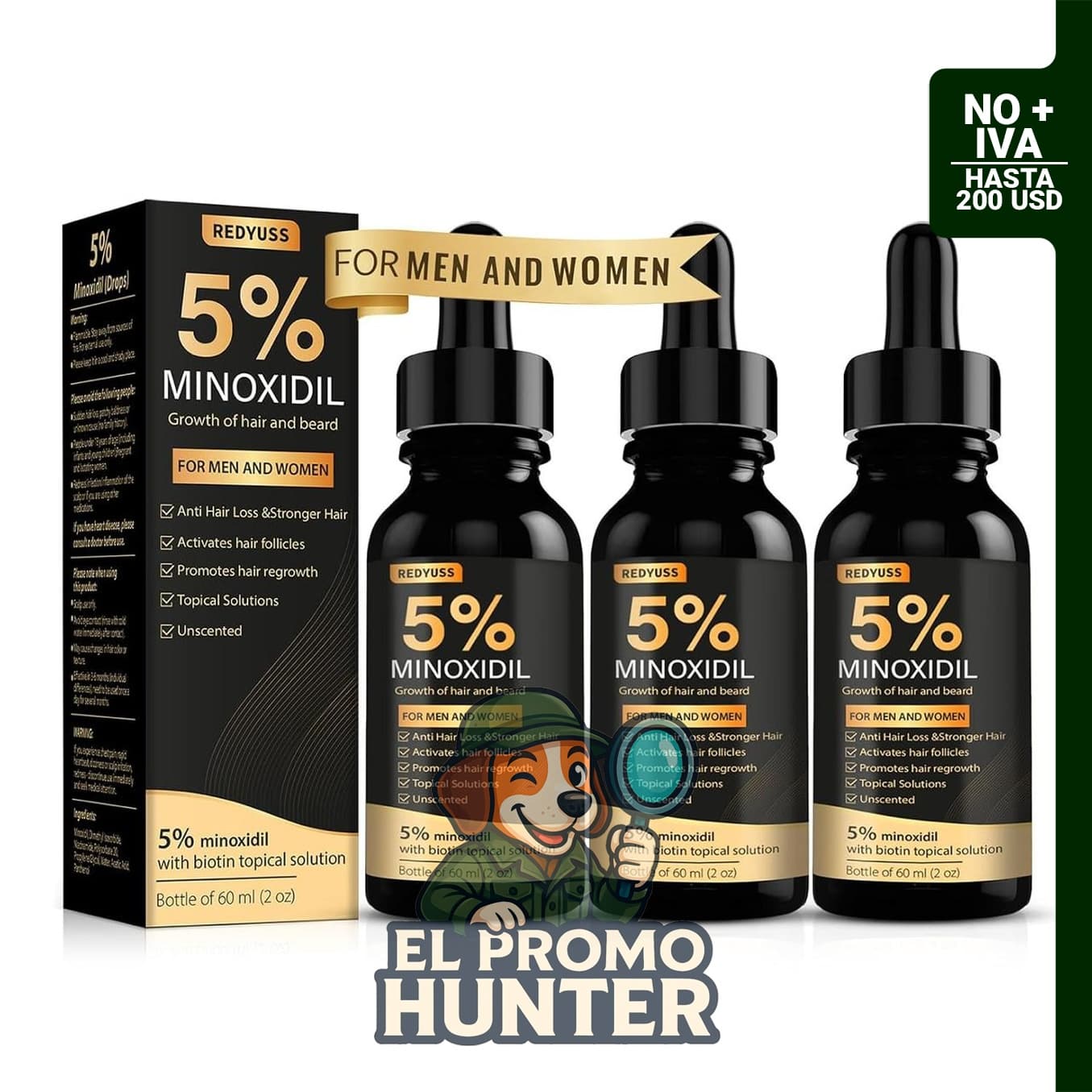 Suero de crecimiento capilar con 5% de minoxidil y biotina para fortalecer el cabello y la barba.