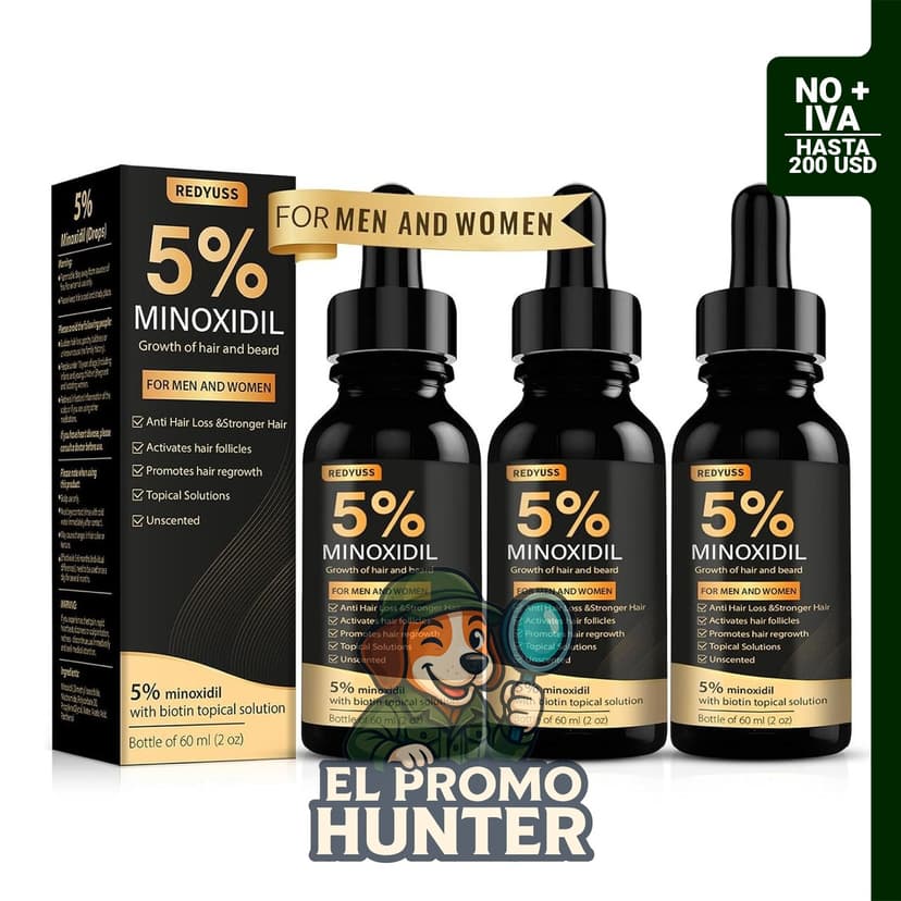 Suero de crecimiento capilar con 5% de minoxidil y biotina para fortalecer el cabello y la barba.
