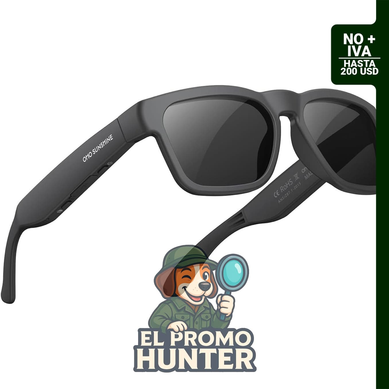 Gafas de sol polarizadas OhO con altavoz Bluetooth y protección UV, unisex, lente gris.
