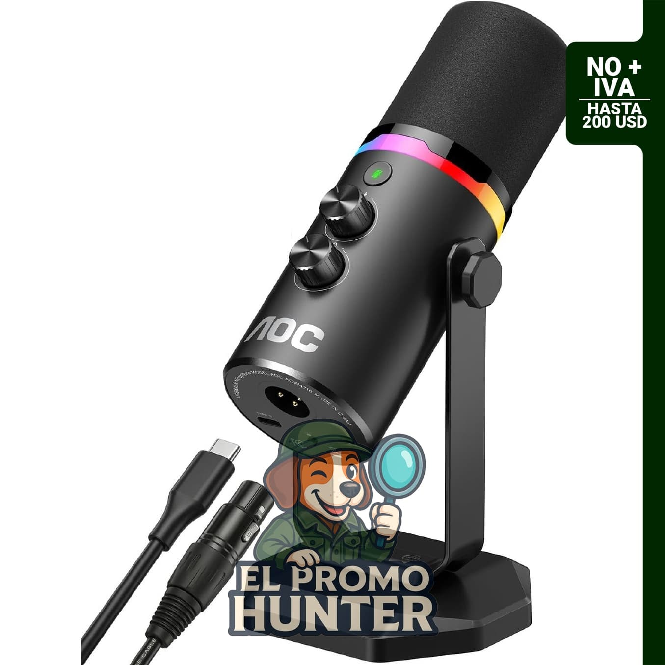 Micrófono dinámico AOC USB/XLR para grabación y transmisión, incluye soporte de escritorio y cable USB de 2.3 m.