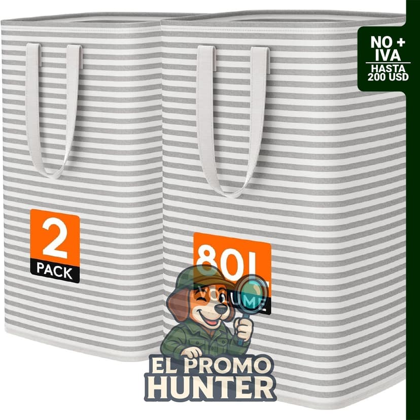 Paquete de 2 cestas de ropa grandes, plegables e impermeables, con asas para transporte.