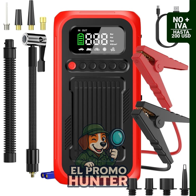 Compresor de aire portátil de 150 PSI y arrancador de batería de 4000 A, incluye banco de energía de 20000 mAh.