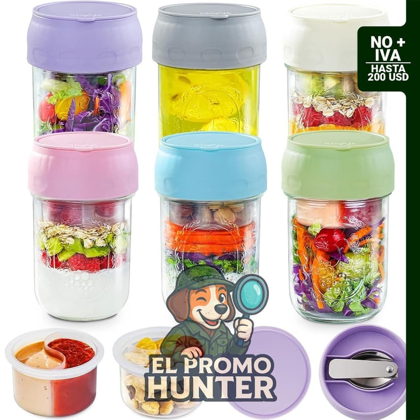 Recipientes de vidrio Mason de 16 oz (473 ml) con tapa, incluye cucharas plegables y compartimento separado.