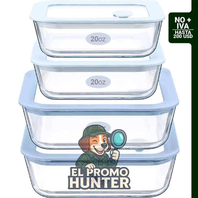 Juego de recipientes de vidrio para alimentos, forma cuadrada, paquete de 4, herméticos y a prueba de fugas.