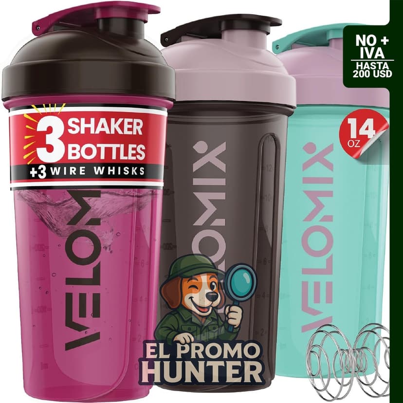 Paquete de 3 botellas mezcladoras de proteínas de 414 ml, incluye 3 batidores de alambre, a prueba de fugas.