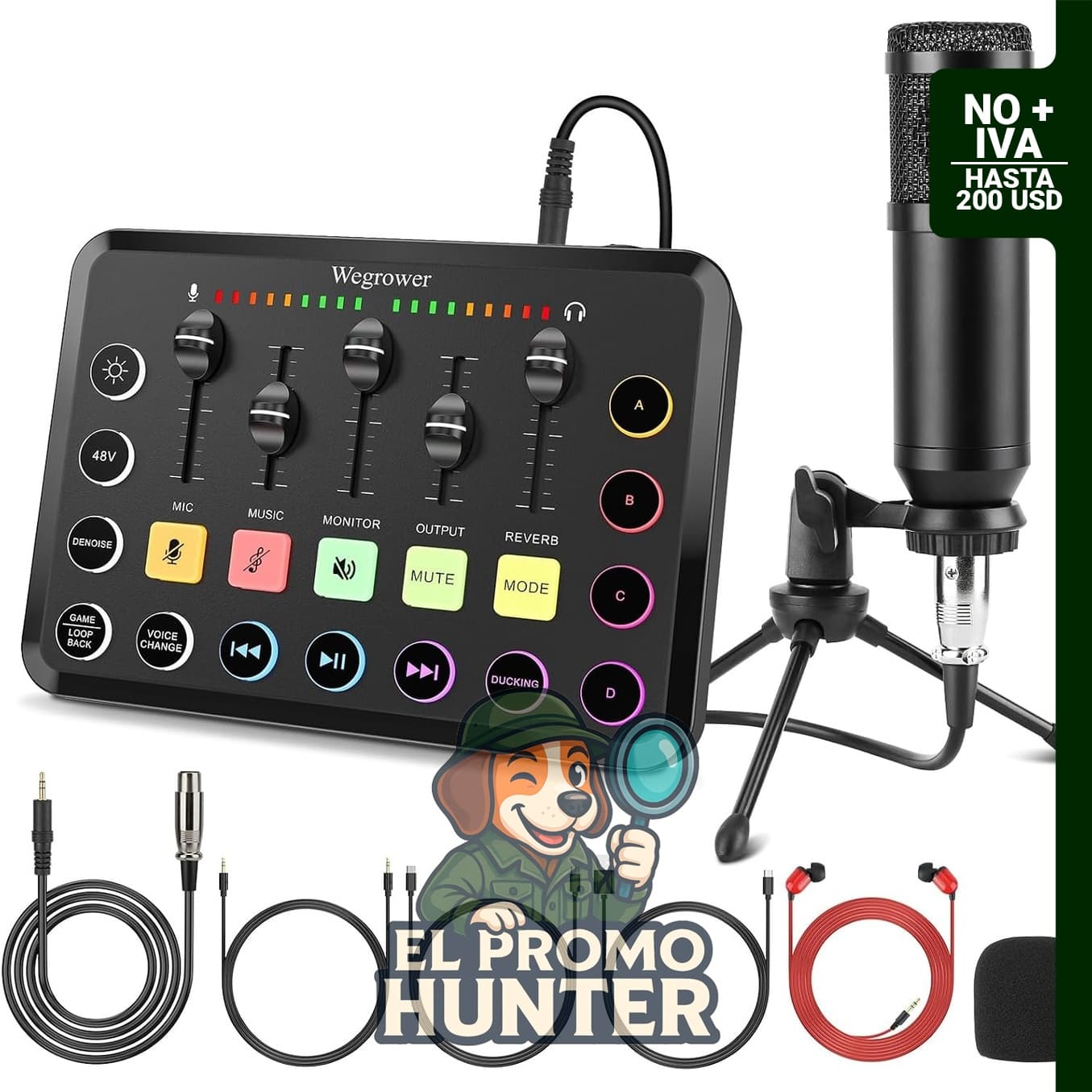 Mezclador de audio recargable Wegrower con trípode, entradas de micrófono duales y alimentación fantasma de 48 V.