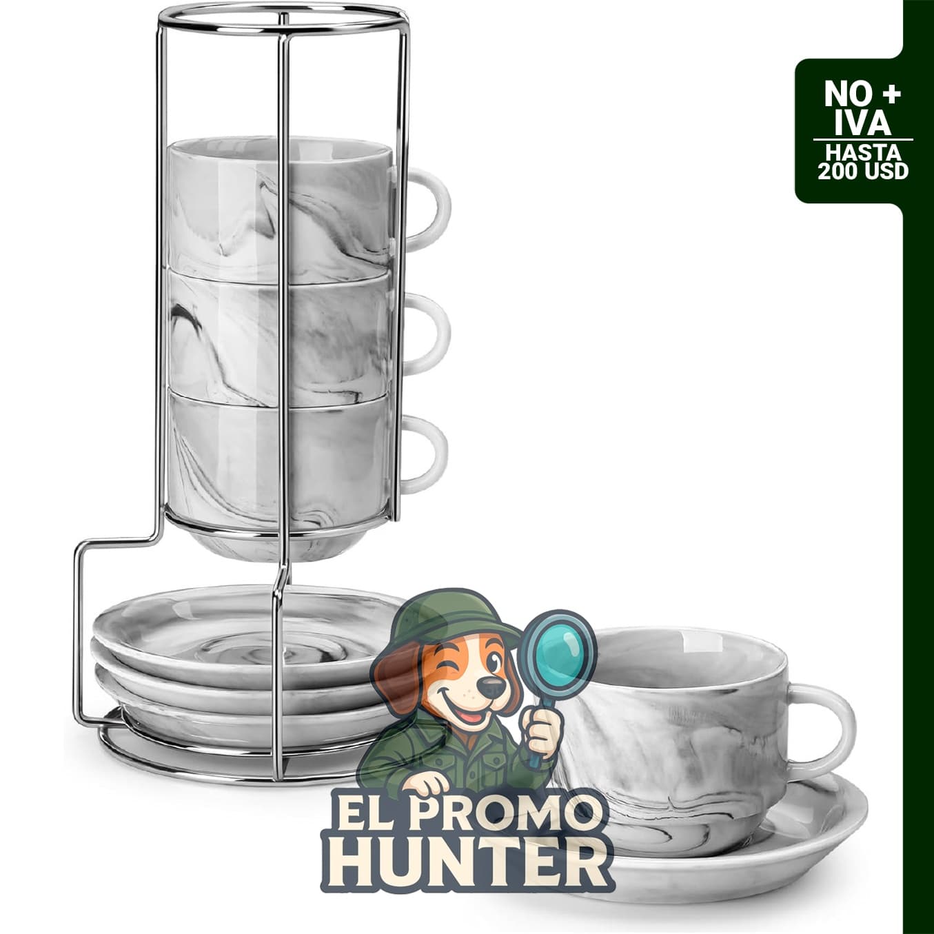 Set de 4 tazas de espresso de porcelana con soporte.
