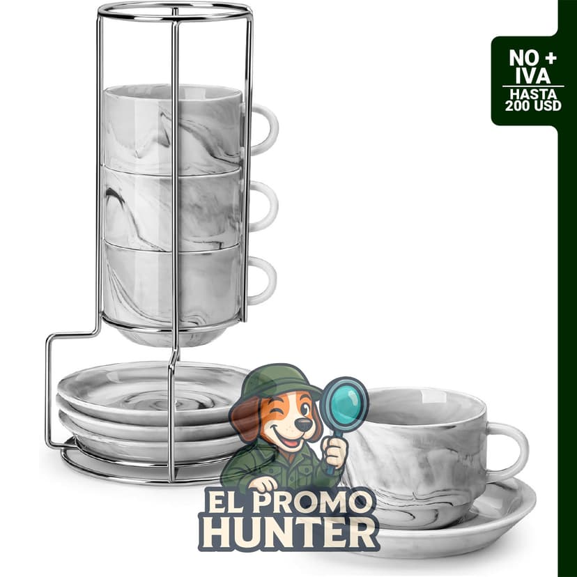 Set de 4 tazas de espresso de porcelana con soporte.