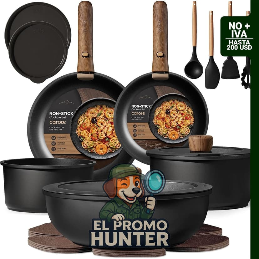 Juego de 19 piezas de ollas y sartenes antiadherentes, apto para inducción y horno.