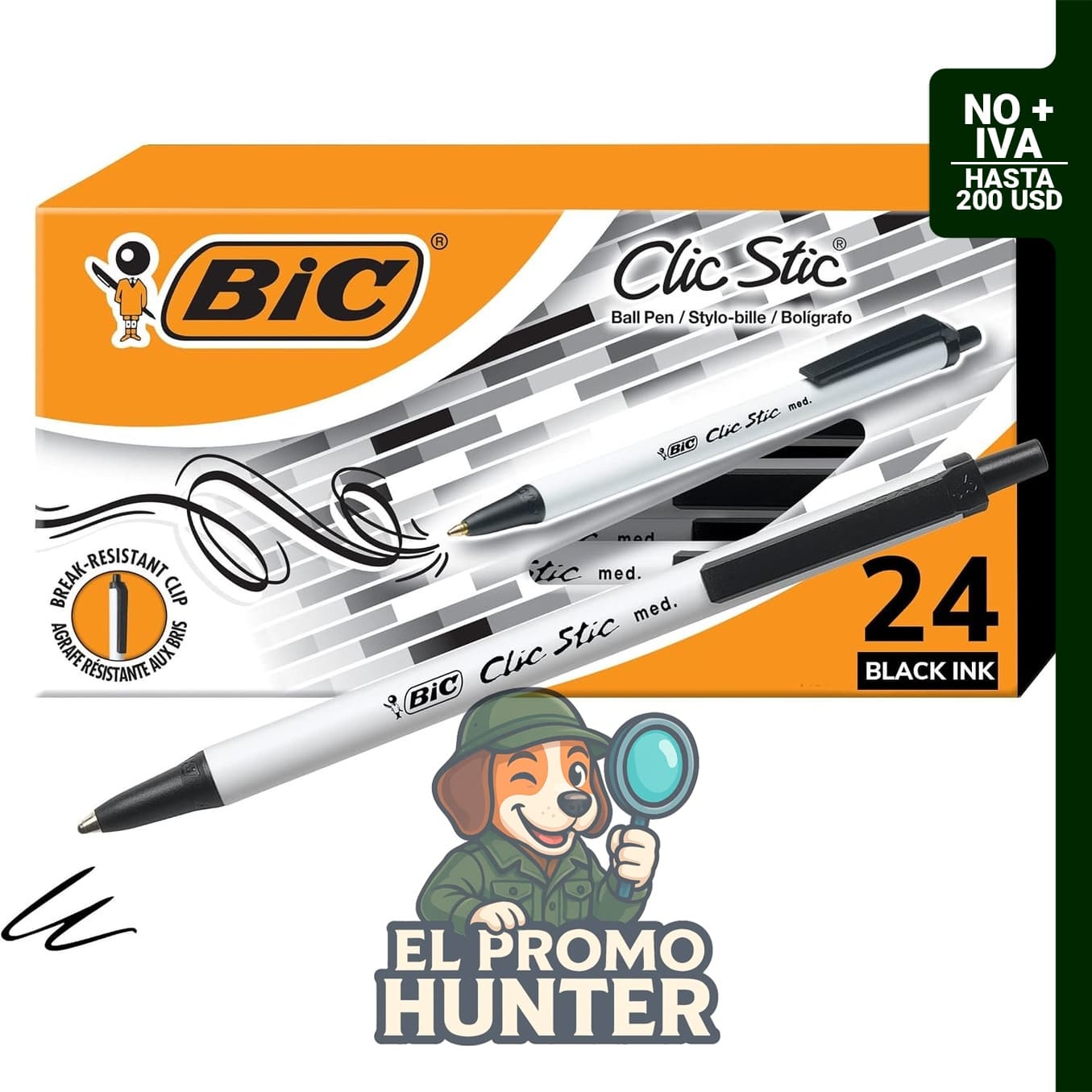 Bolígrafos retráctiles BIC Clic Stic de tinta negra, punta de 1 mm, paquete de 24 unidades.