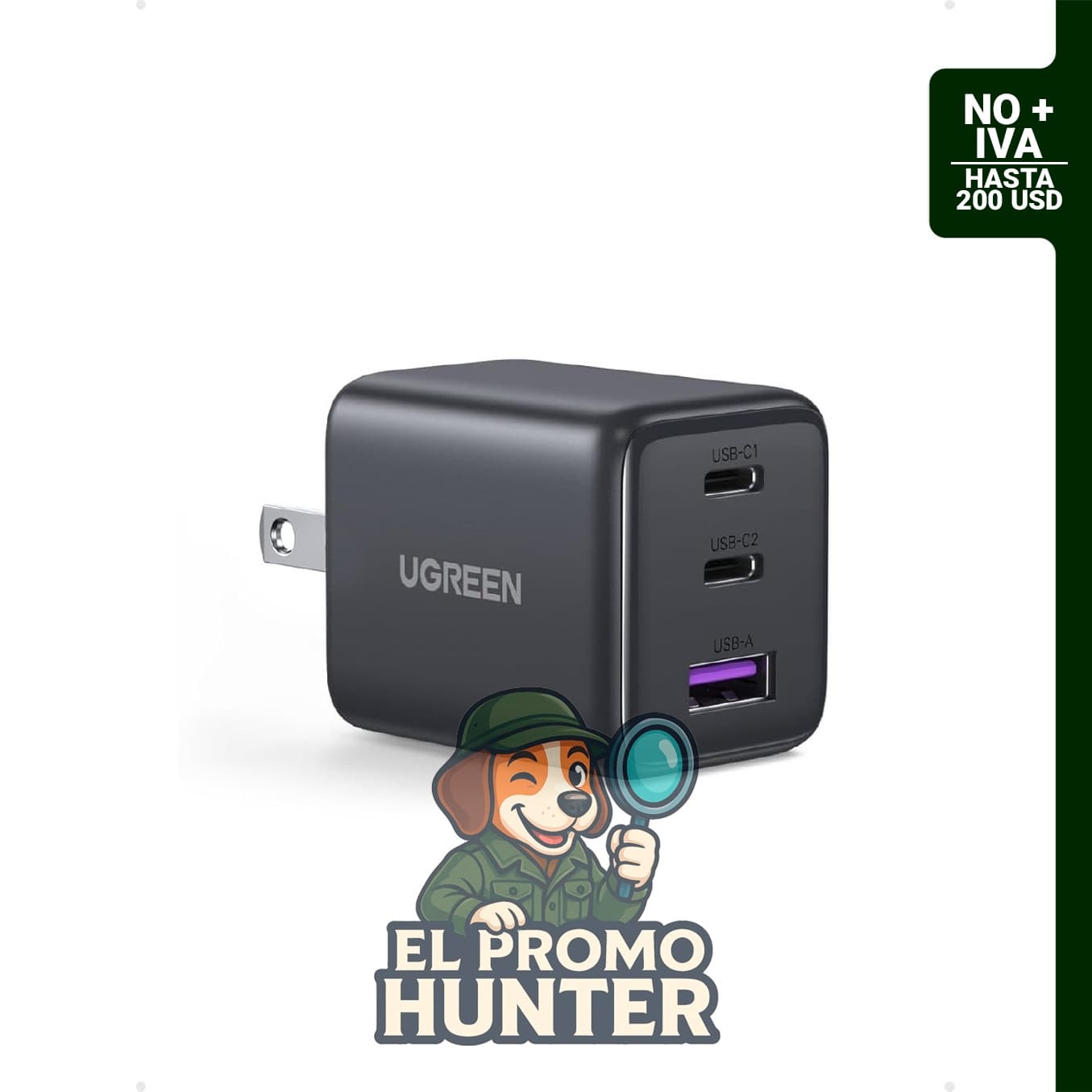 Cargador UGREEN USB C de 30W con 3 puertos.