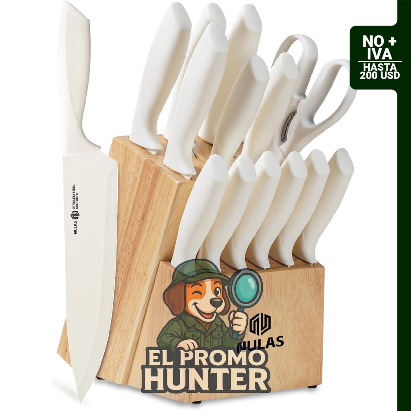 Juego de bloques de cuchillos de cocina de 15 piezas con afilador integrado, acero inoxidable de alto carbono.