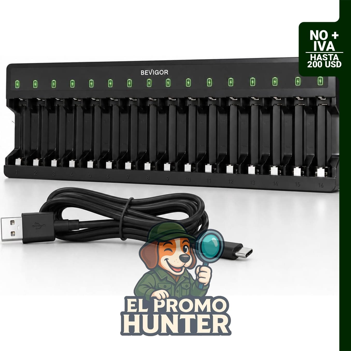Cargador de batería para 16 pilas AA NiMH, carga rápida de 24W con entrada Type-C QC/PD, carga independiente.