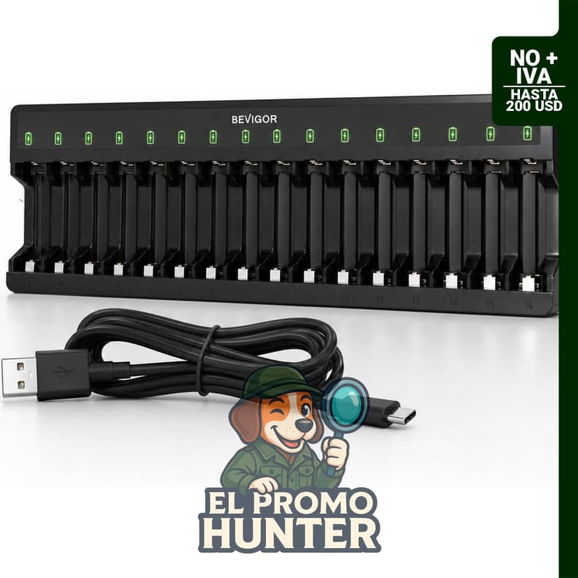 Cargador de batería para 16 pilas AA NiMH, carga rápida de 24W con entrada Type-C QC/PD, carga independiente.