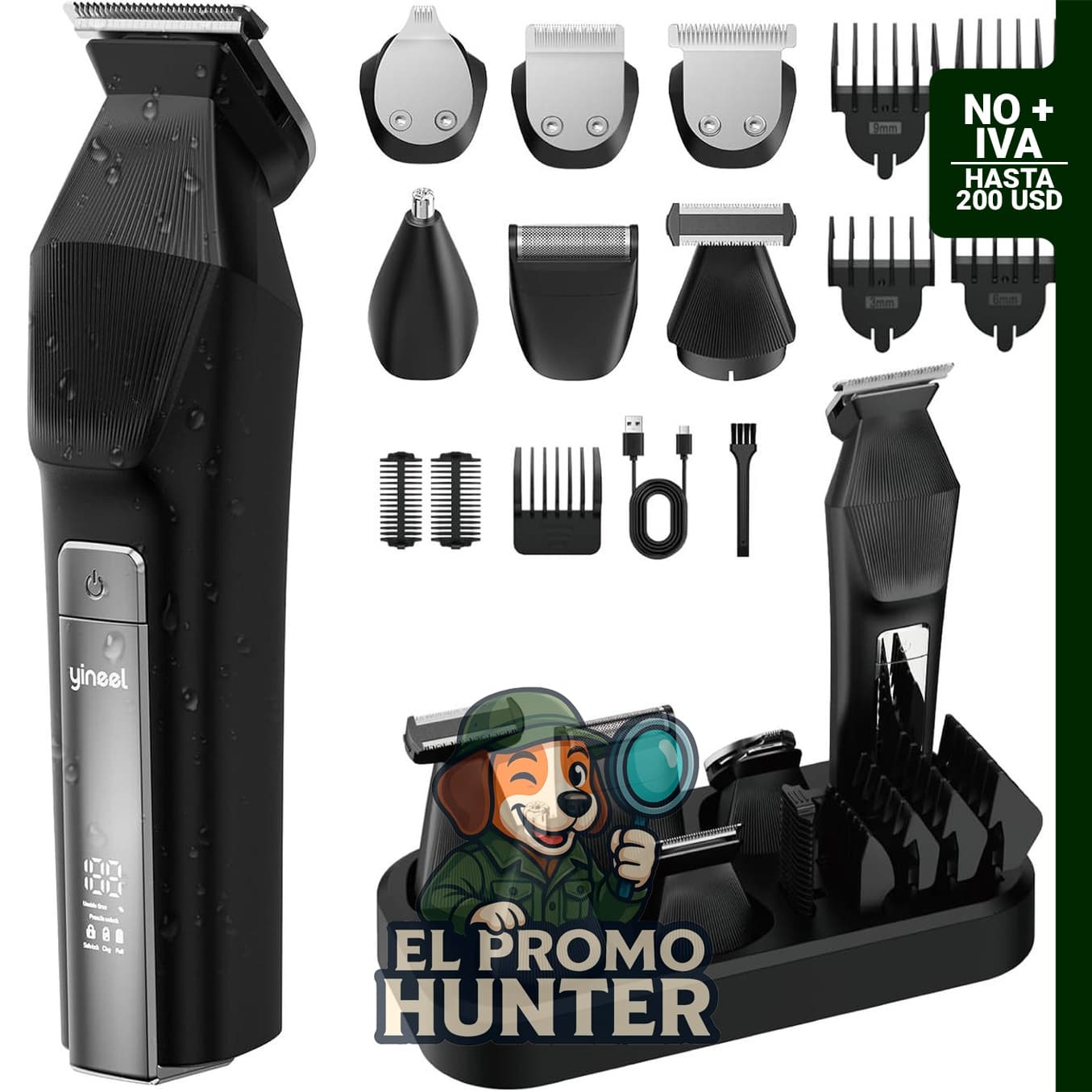Cortadora de barba Yineel HC600, kit de aseo inalámbrico, maquinilla de afeitar eléctrica impermeable.