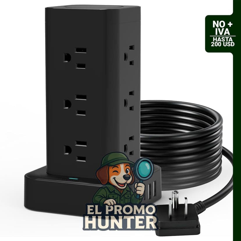 Torre de regleta con 12 salidas de CA y 4 puertos USB, capacidad de 1800J.