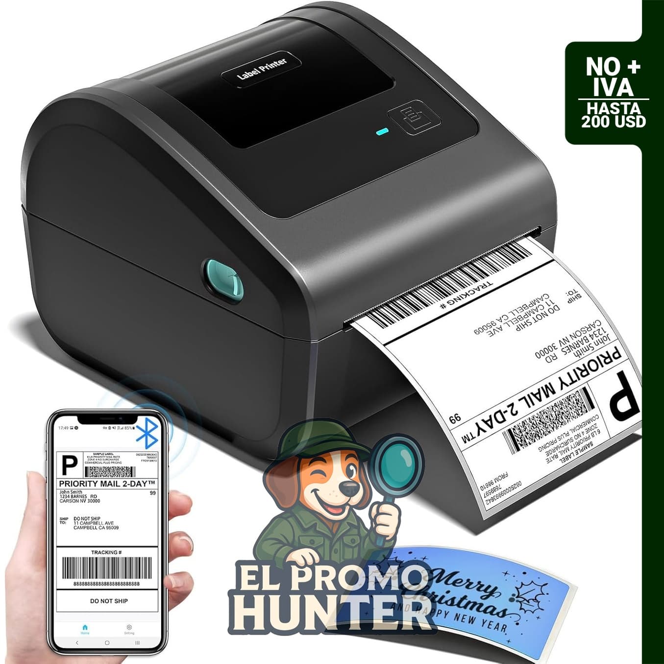 Impresora de etiquetas térmica D450BT 4x6 con conectividad Bluetooth, compatible con Android, iPhone, Windows y macOS.