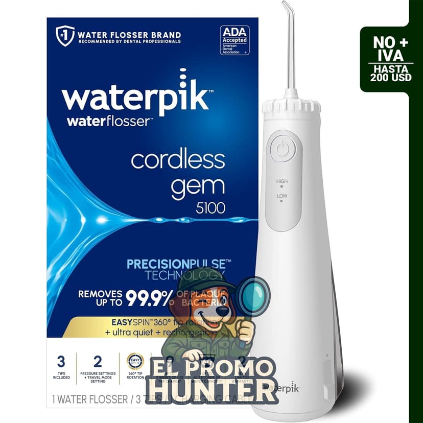Irrigador dental inalámbrico Waterpik 5100, recargable y portátil, resistente al agua, incluye 3 puntas y 2 configuraciones.