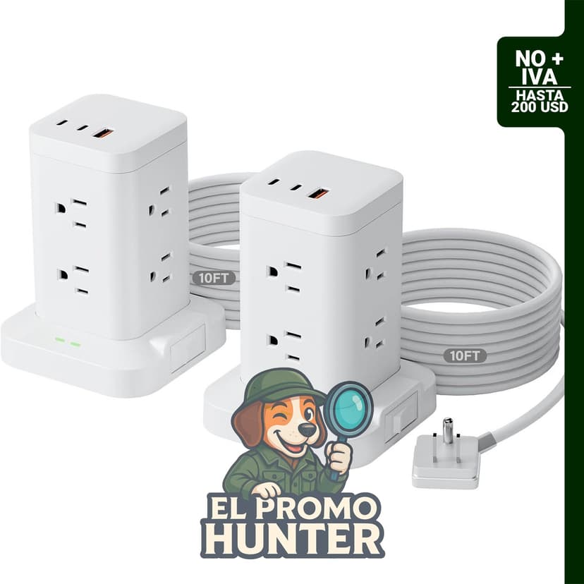 Paquete de 2 torres de regleta de alimentación con 8 salidas de CA y puertos USB-C PD20W, incluye cable de extensión de 3 m.