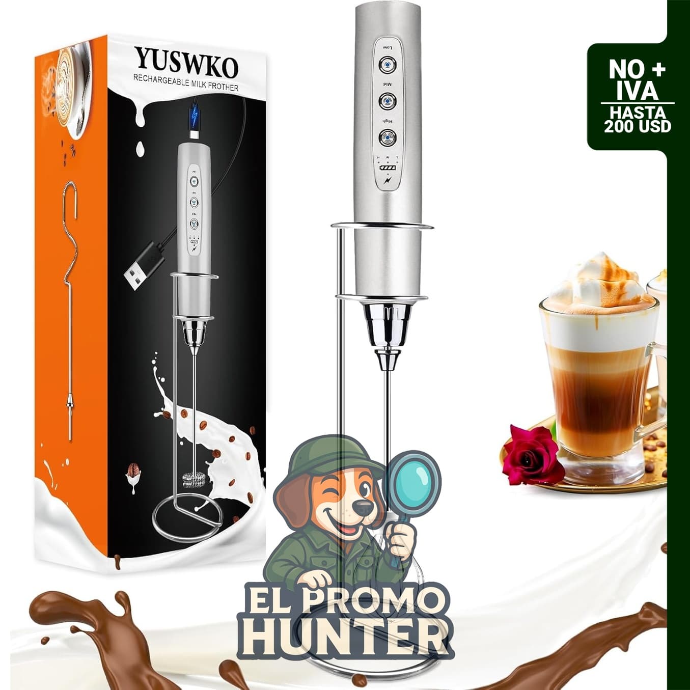 Espumador de leche recargable USB con 3 cabezas y 3 velocidades, adecuado para preparar latte, cappuccino y chocolate caliente.