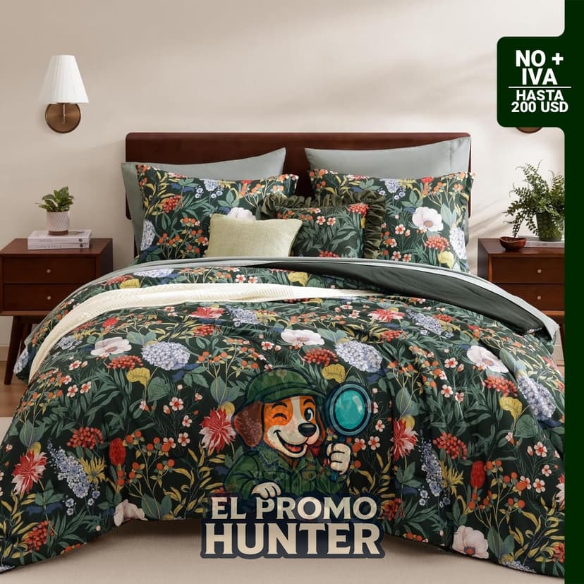 Juego de edredón tamaño Queen de 7 piezas con diseño floral botánico en verde.