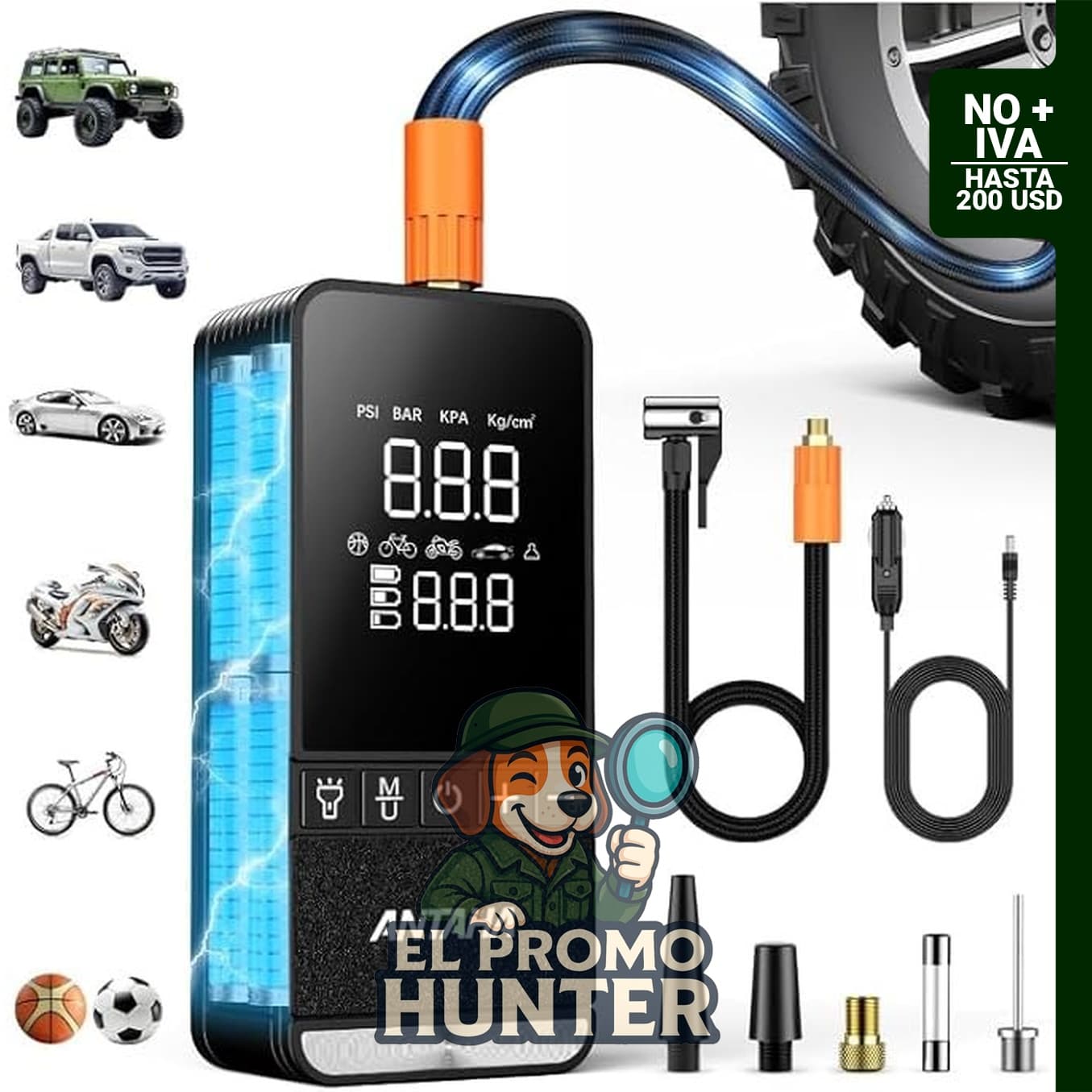 Inflador de neumáticos portátil Antaha, compresor de aire inalámbrico de 150 PSI con luz LED y apagado automático.