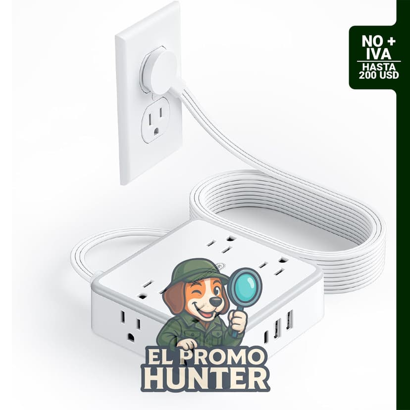 Cable de extensión plano de 3 m con 8 tomas y 3 puertos USB, incluye protección contra sobretensiones.