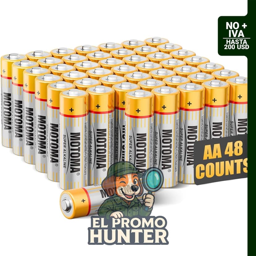 Paquete de 48 pilas AA alcalinas de 1920 mAh con 10 años de vida útil.