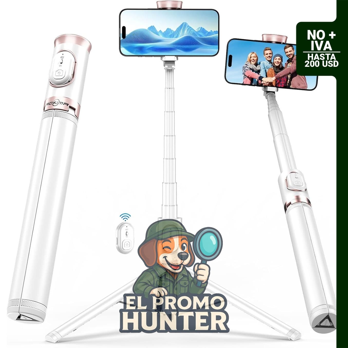 Palo de selfie trípode de 67" (170 cm) con control remoto inalámbrico, diseño compacto y extensible.