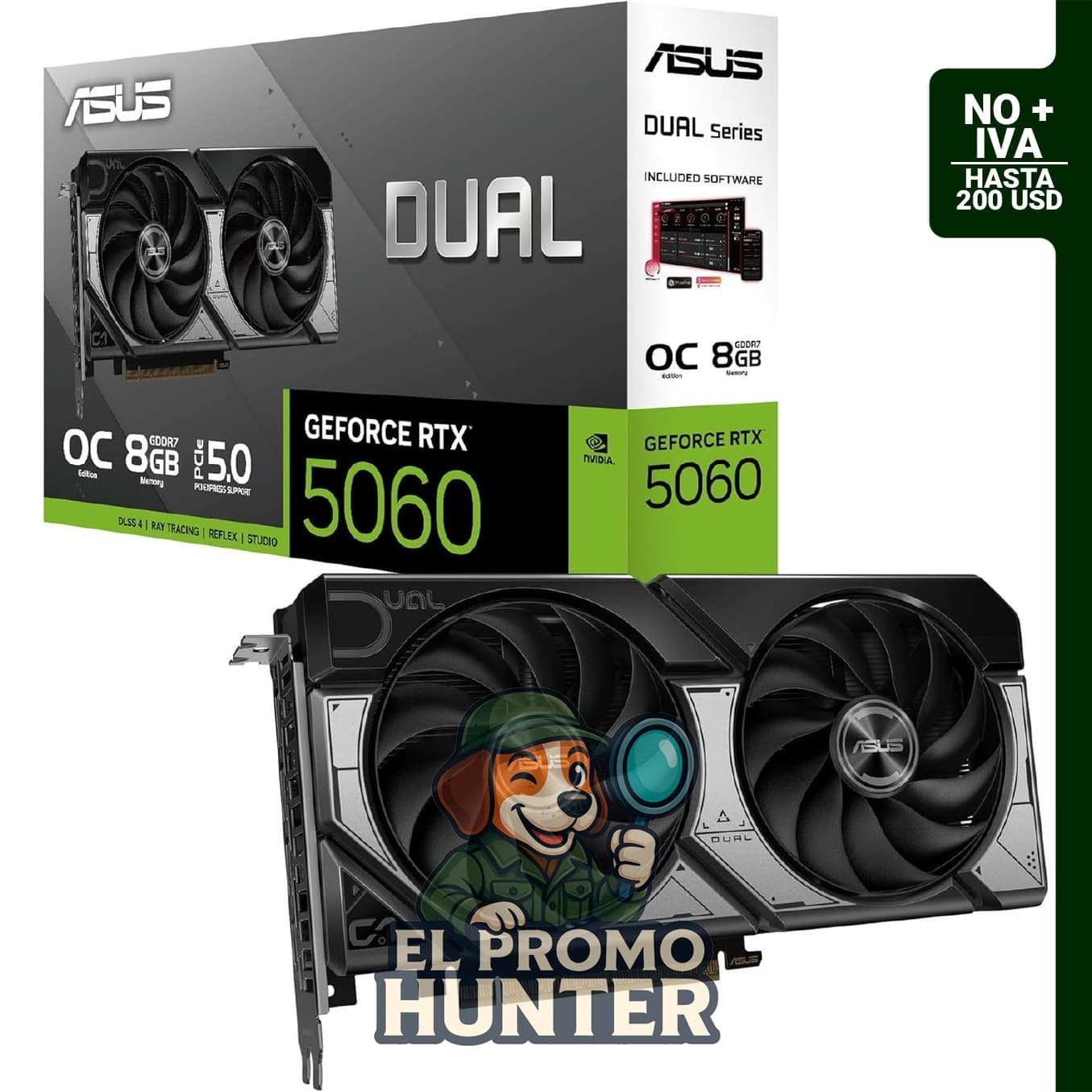 Tarjeta gráfica ASUS Dual GeForce RTX™ 5060 con 8 GB GDDR7, PCIe 5.0, DLSS 4, HDMI 2.1b y DisplayPort 2.1b.