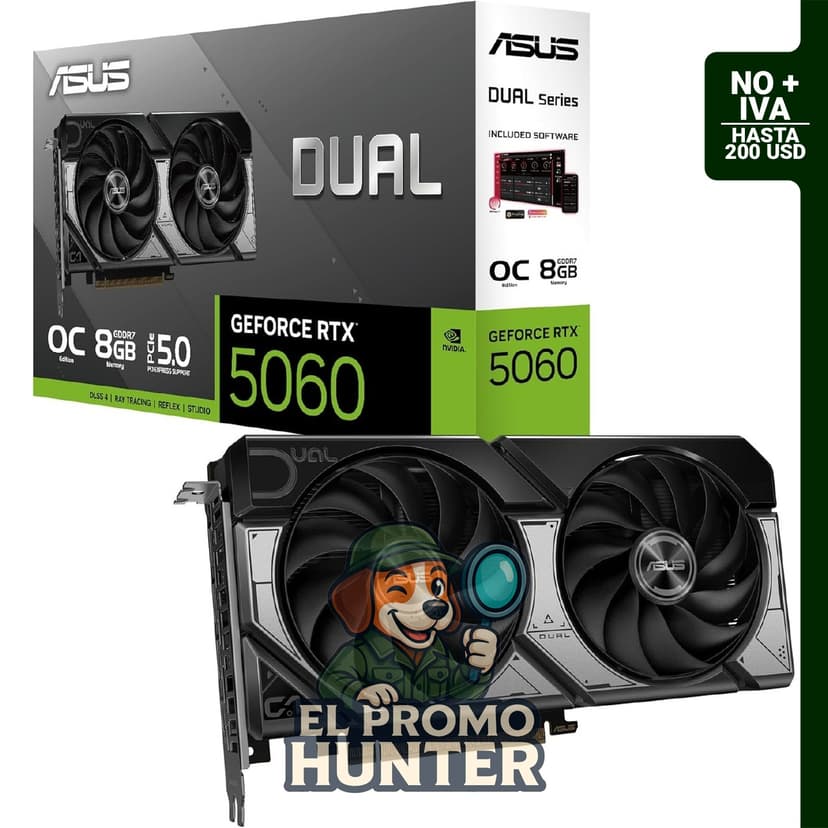 Tarjeta gráfica ASUS Dual GeForce RTX™ 5060 con 8 GB GDDR7, PCIe 5.0, DLSS 4, HDMI 2.1b y DisplayPort 2.1b.