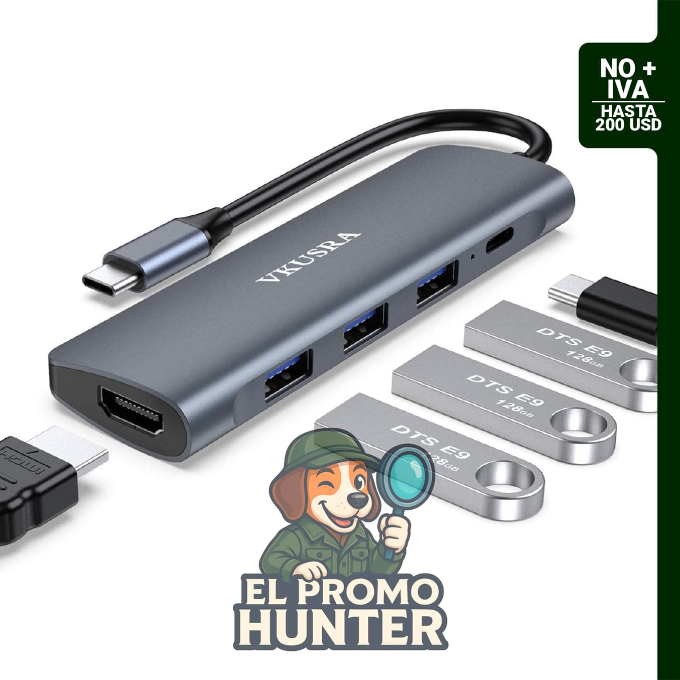 Adaptador multipuerto VKUSRA 5 en 1 USB C con 4K HDMI y 3 puertos USB 3.0, 100 W PD.