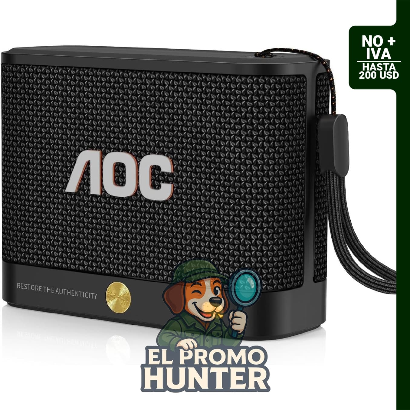 Altavoz portátil AOC Bluetooth, IP65 resistente al agua y al polvo, 30 horas de reproducción, compacto.